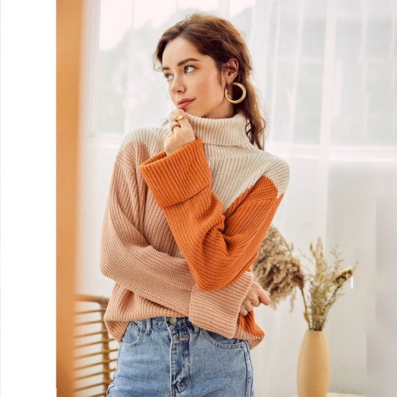 Colorblock Trutleneck Sweater Orange Beige - Picture 6 of 16